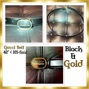 Gucci Vintage Leather Logo Black & Gold Skinny Belt